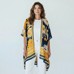 Save the Ocean Floral Yellow White and Blue Kimono